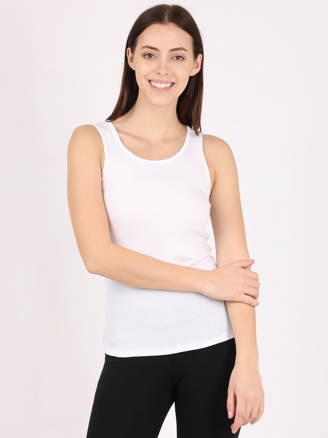 Solid Round Neck Ribbed Tank Top - White - Boutique 23