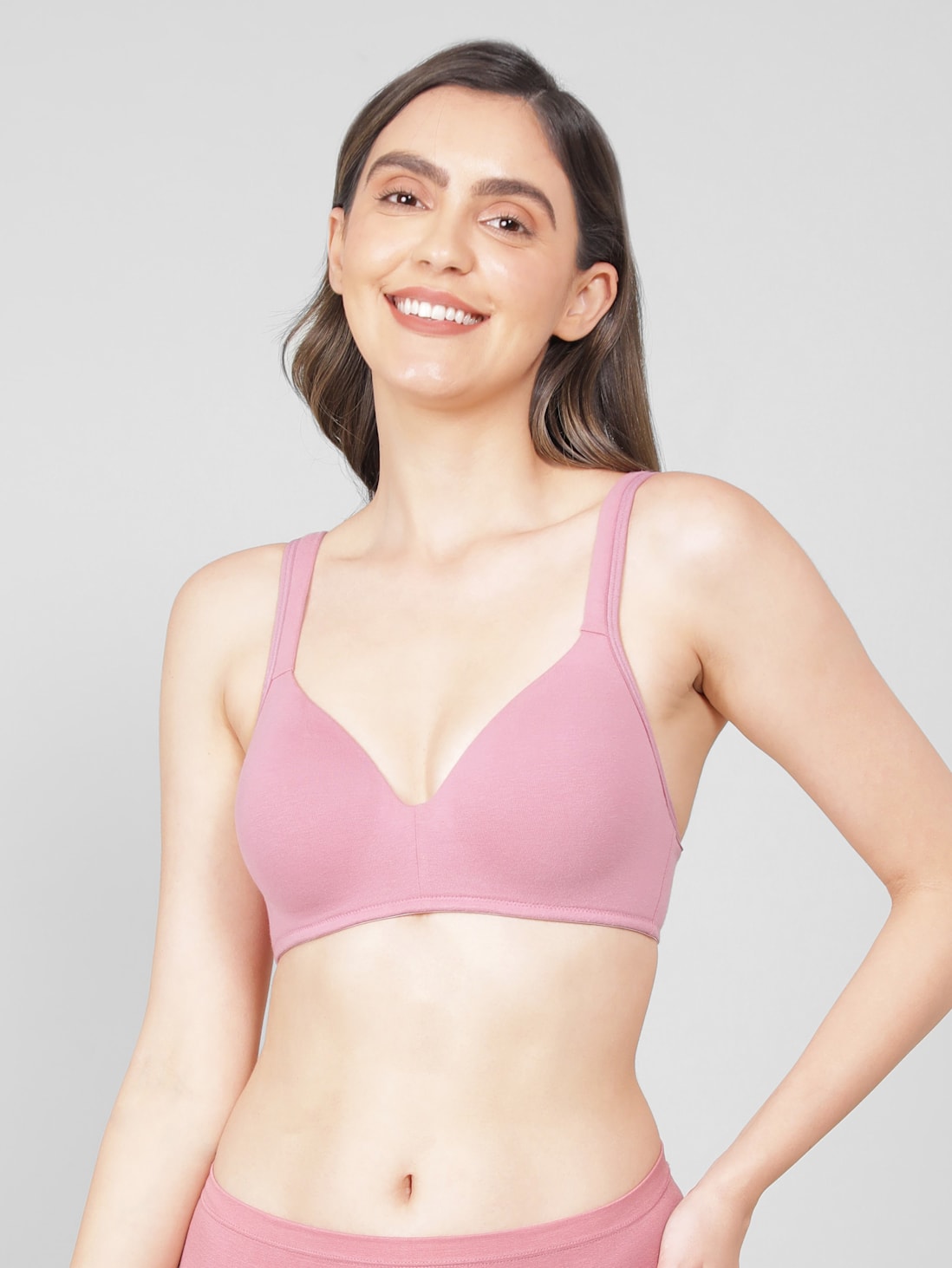 Women's Wirefree Padded Super Combed Cotton Elastane Stretch Full Coverage  Lounge Bra with Broad Fabric Strap and Included Bra Pouch - Heather Rose