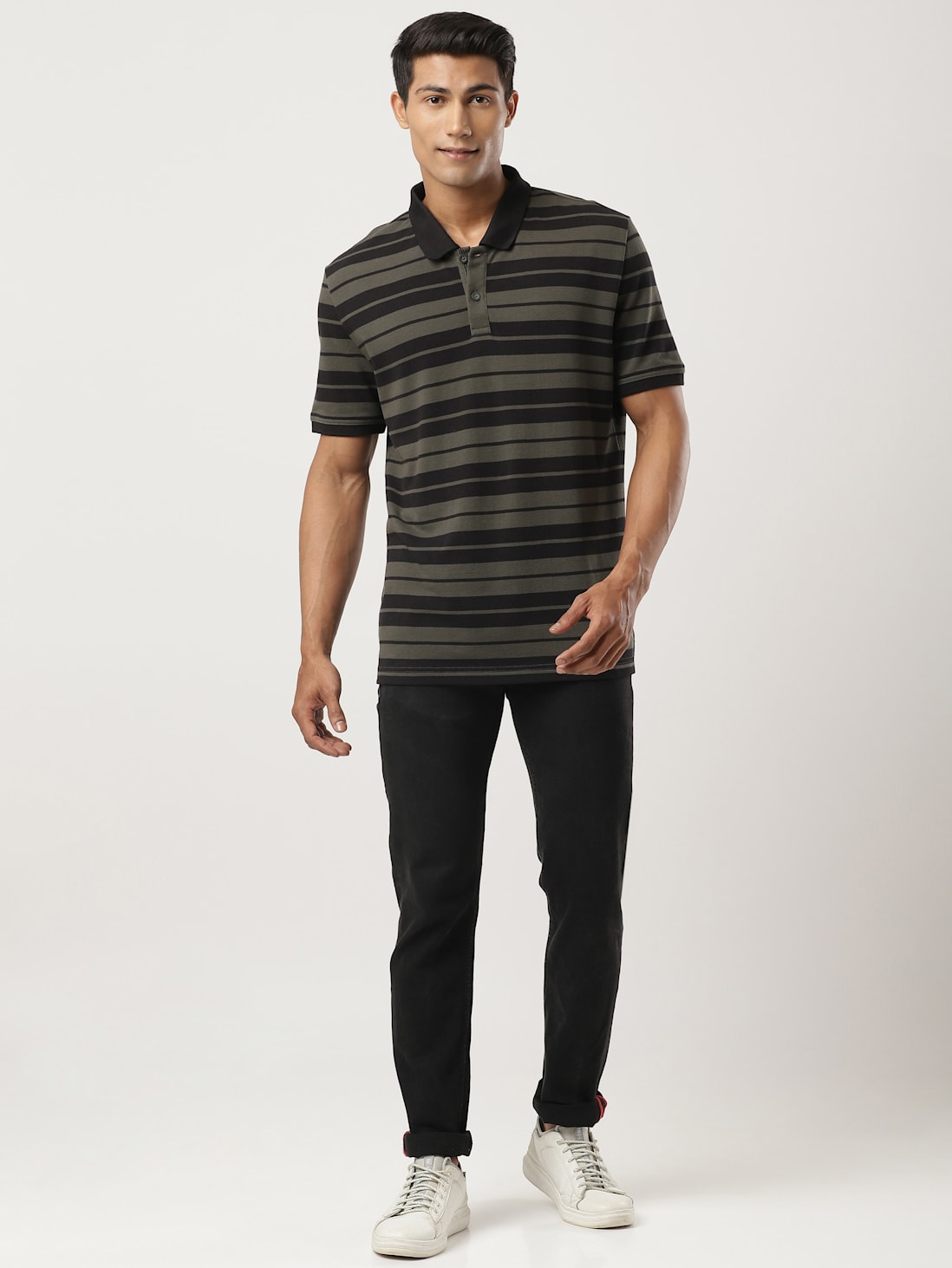 Buy Men's Super Combed Cotton Rich Striped Polo T-Shirt - Black & Deep ...