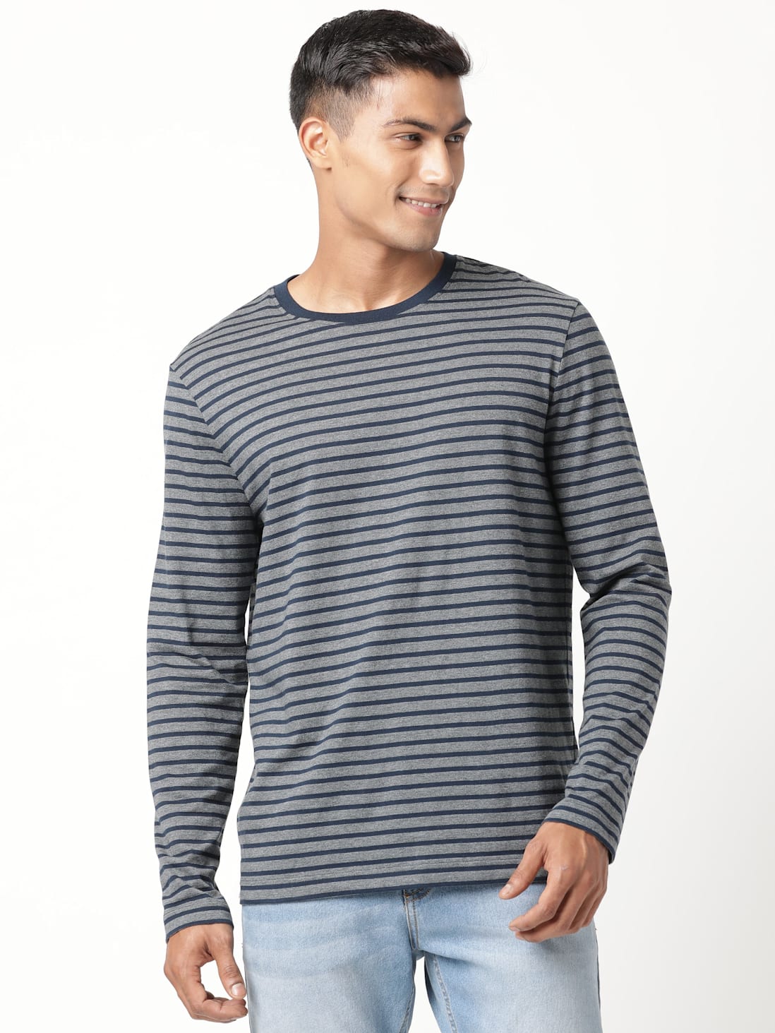 Buy Men's Super Combed Cotton Rich Striped Round Neck Full Sleeve T ...