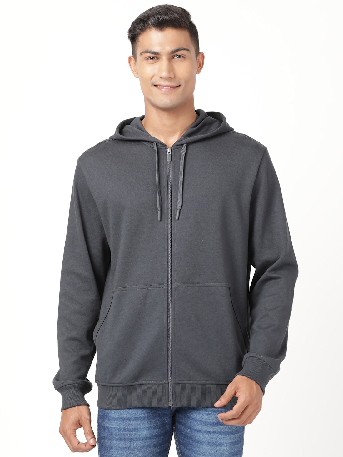 Men's Super Combed Cotton Rich Pique Fabric Ribbed Cuff Hoodie Jacket -  Graphite