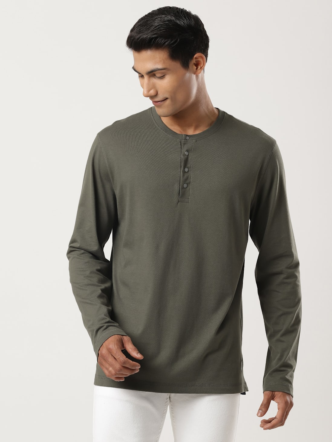 Deep Olive Long Sleeve Henley T-Shirt for Men US87 | JockeyIndia