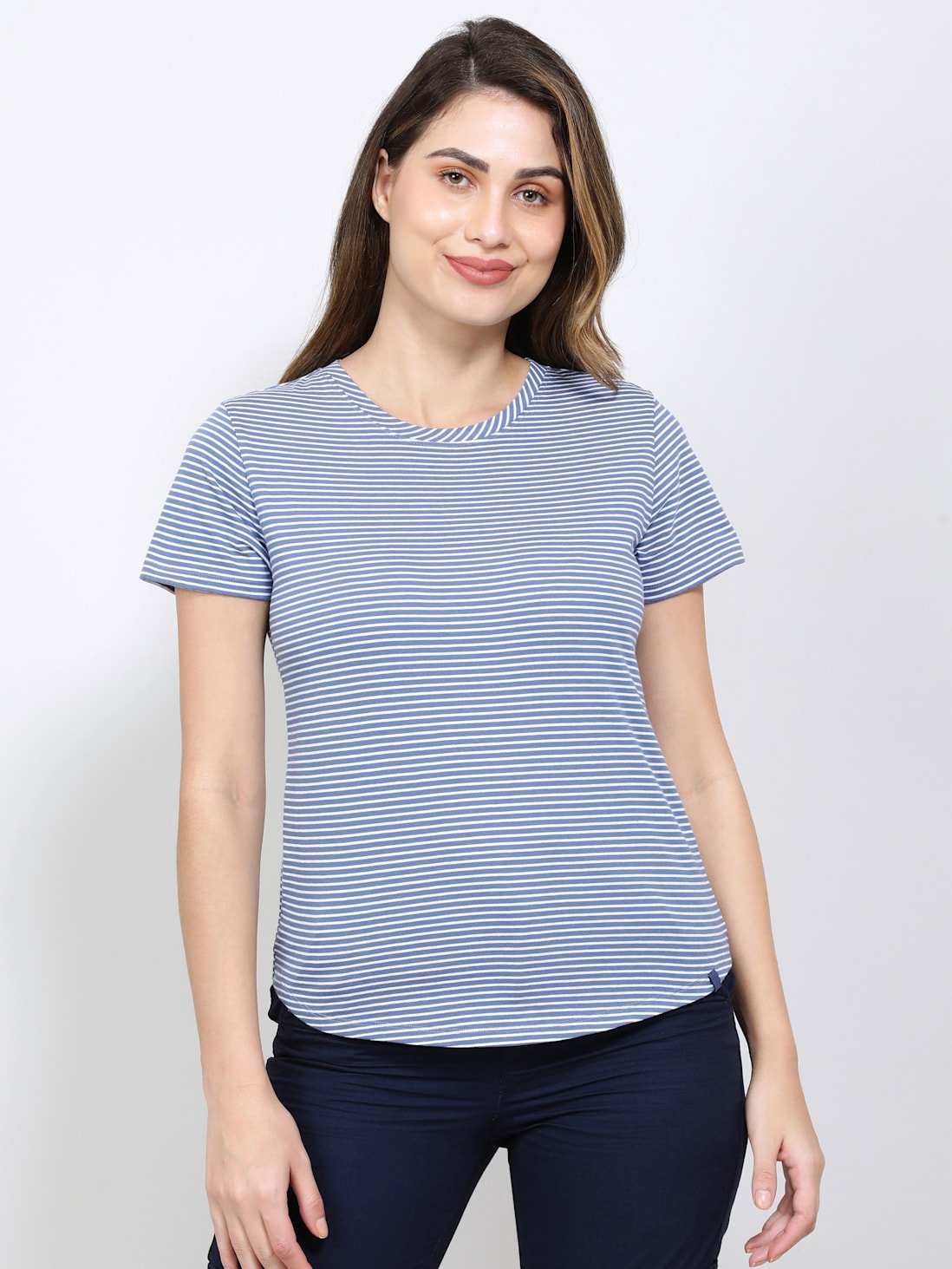 Buy Women's Super Combed Cotton Stripe Fabric Relaxed Fit Round Neck ...