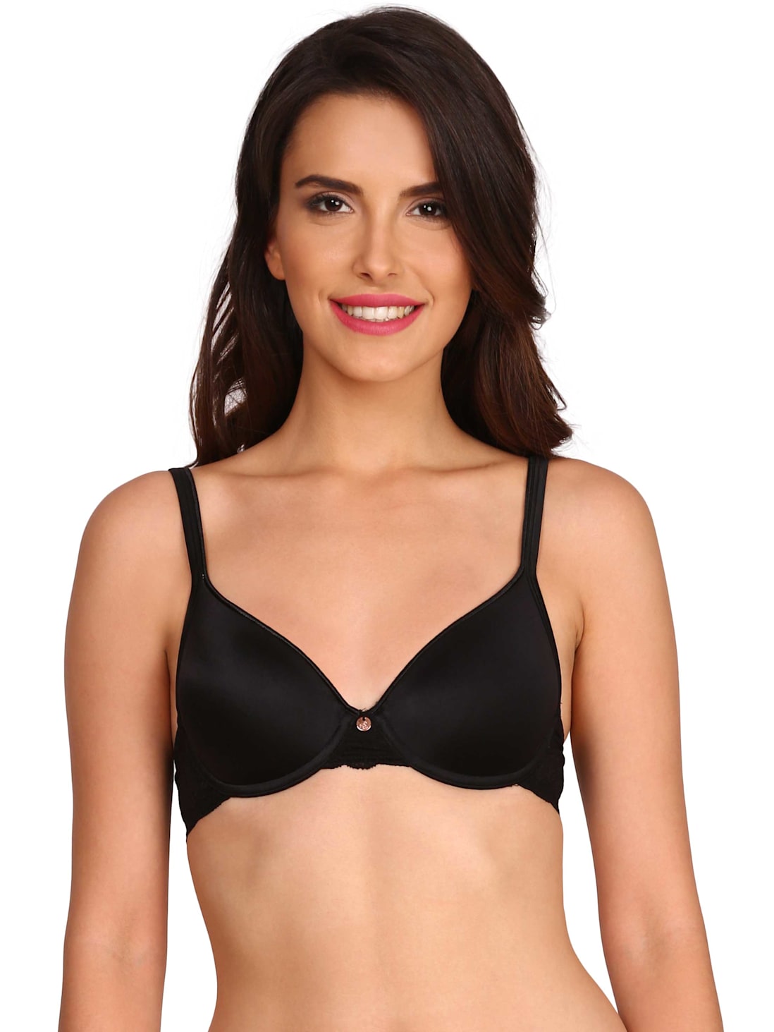 Women's Under-Wired Padded Microfiber Elastane Stretch Medium Coverage Lace  Back Styling T-Shirt Bra with Adjustable Straps - Black