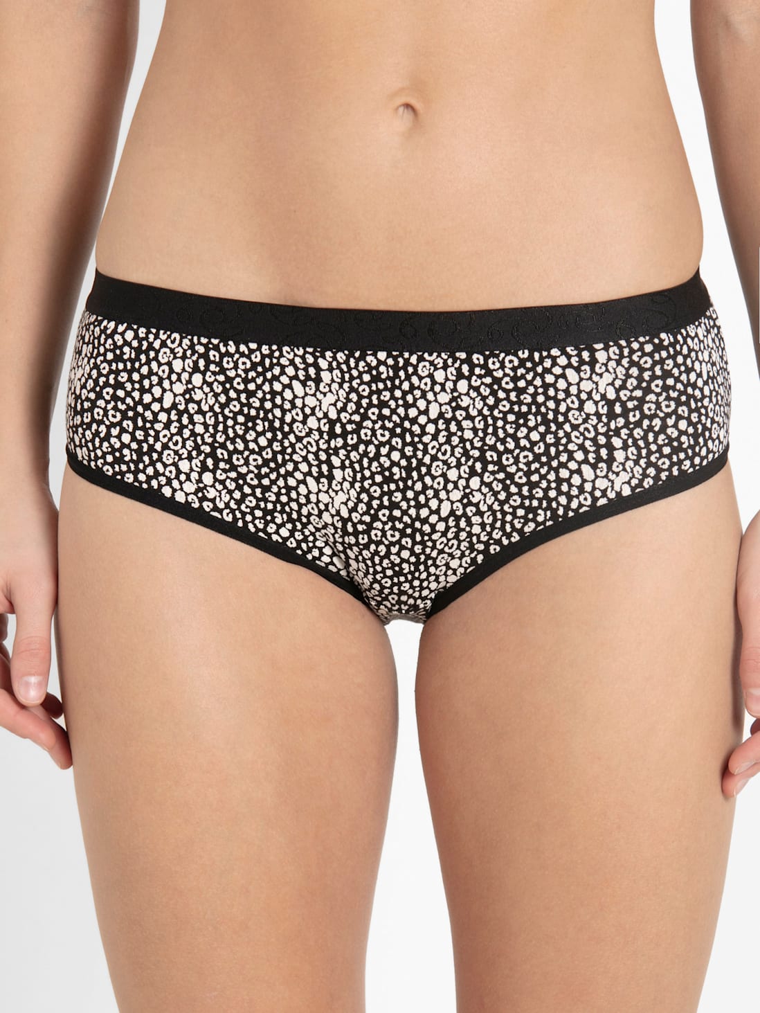 Women's Super Combed Cotton Elastane Stretch Mid Waist Hipsters Panties  with Ultra soft Exposed Waistband - Black print