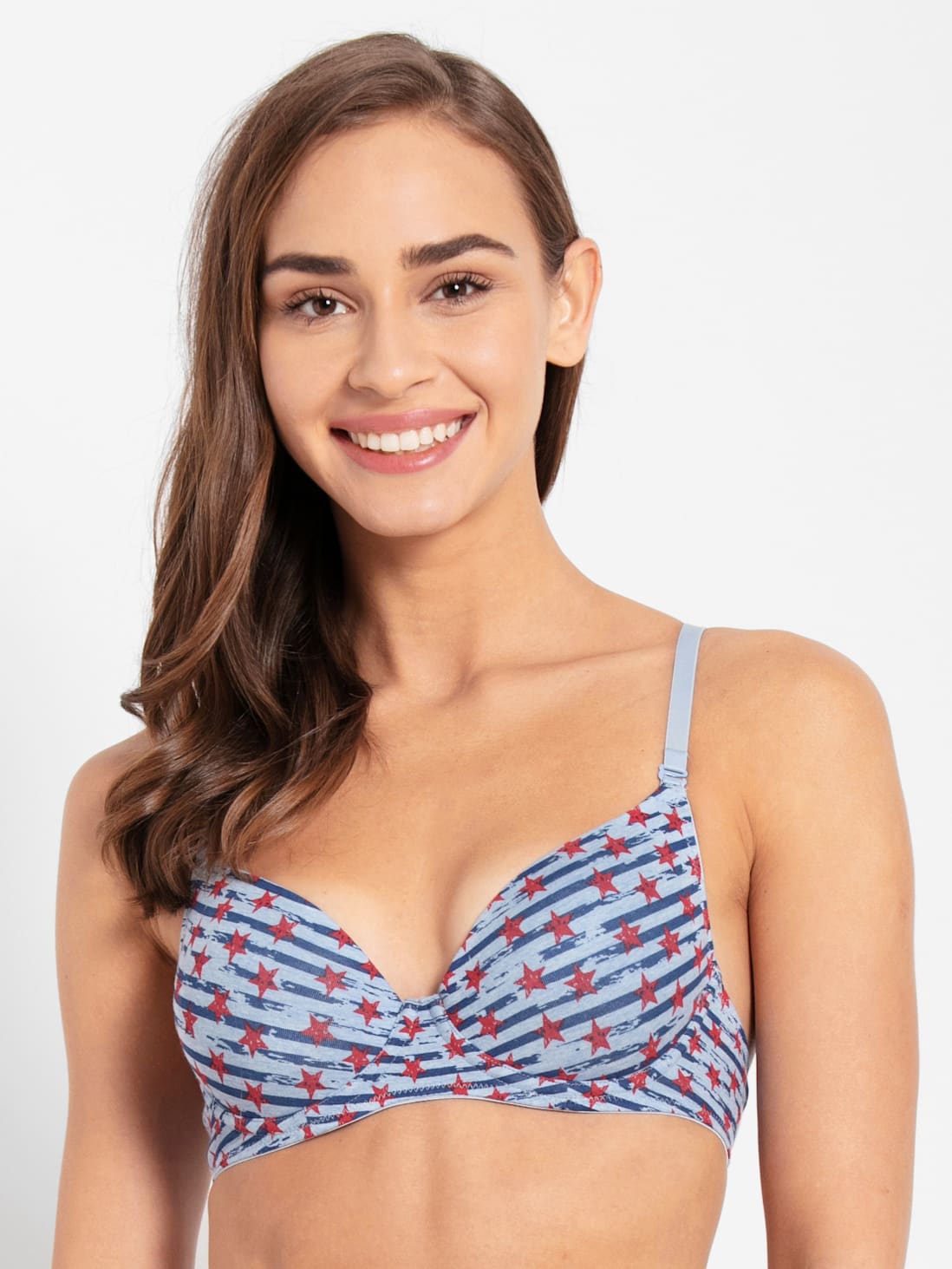Women's Under-Wired Padded Super Combed Cotton Elastane Stretch Medium  Coverage Printed T-Shirt Bra with Detachable Straps - Blue Depth