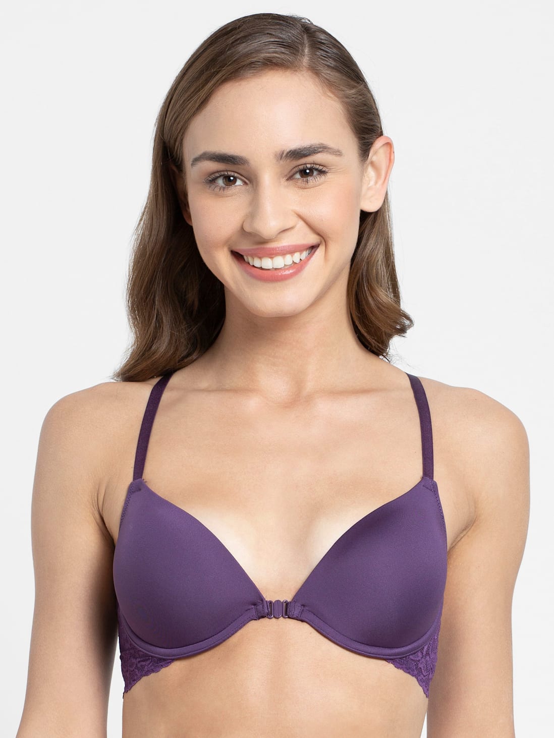 Women's Under-Wired Padded Soft Touch Microfiber Nylon Elastane Stretch  Full Coverage Lace Back Styling T-Shirt Bra with Adjustable Straps - Purple
