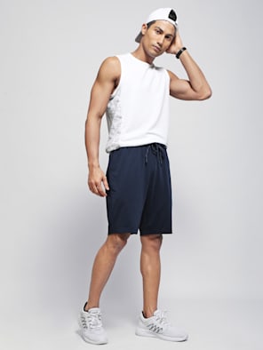 Men's Super Combed Cotton Elastane Stretch Regular Fit Checkered Shorts  with Side Pockets - Navy