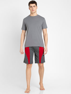 Men's Super Combed Cotton Rich Straight Fit Solid Shorts with Side Pockets  - Charcoal Melange & Shanghai Red