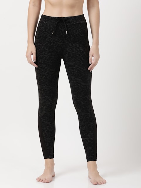 Women's Super Combed Cotton Elastane Stretch Yoga Pants with Side Zipper  Pockets - Black Printed