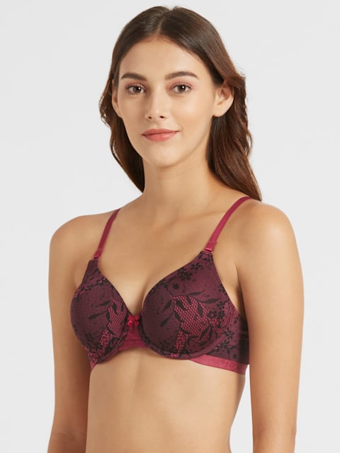 Buy Women's Under-Wired Padded Soft Touch Microfiber Nylon Elastane Stretch  Full Coverage Lace Styling Multiway Printed T-Shirt Bra with Adjustable  Straps - Pink Wine 1817