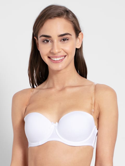 Women's Under-Wired Padded Super Combed Cotton Elastane Stretch Full  Coverage Multiway Styling Strapless Bra with Ultra-Grip Support Band - White