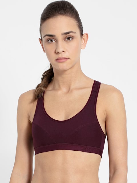 Women's Wirefree Padded Super Combed Cotton Elastane Stretch Full Coverage  Racer Back Active Bra with Stay Fresh and Moisture Move Treatment - Wine