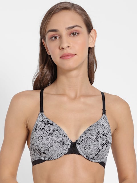 Women's Under-Wired Padded Soft Touch Microfiber Nylon Elastane Stretch  Full Coverage Lace Styling Multiway Printed T-Shirt Bra with Adjustable  Straps