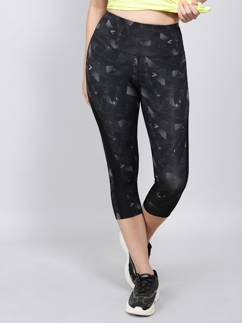 Women's Microfiber Elastane Stretch Slim Fit Printed Capri with Back  Waistband Pocket and Stay Dry Technology - Black Printed