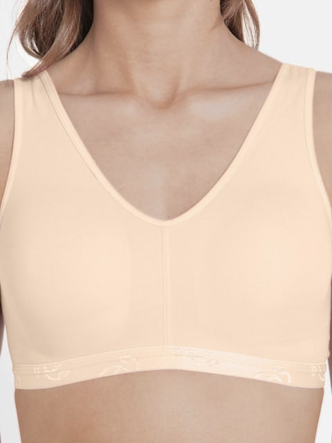 Women's Wirefree Padded Super Combed Cotton Elastane Stretch Full Coverage  Sleep Bra with Removable Pads and Ultrasoft Underband - Skin