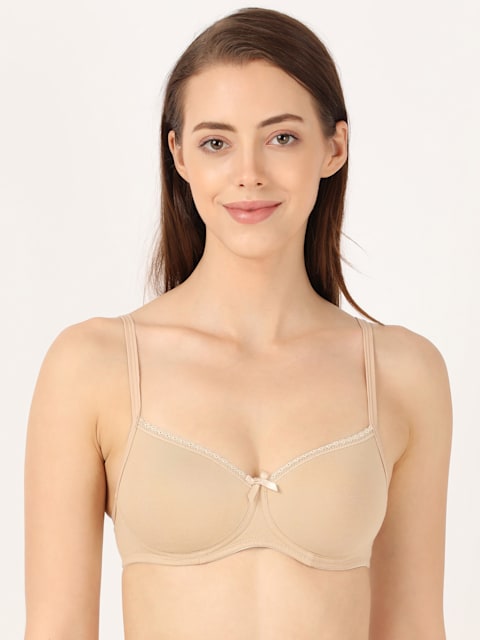 Women's Wirefree Padded Super Combed Cotton Elastane Stretch Medium  Coverage Lace Styling T-Shirt Bra with Adjustable Straps - Light Skin