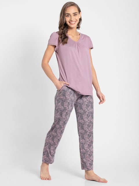 Buy Women's Micro Modal Cotton Relaxed Fit Printed Pyjama with Lace Trim on  Pockets - Old Rose RX09