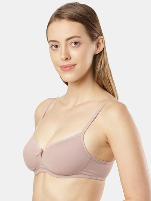 Women's Wirefree Padded Super Combed Cotton Elastane Stretch Medium  Coverage Lace Styling T-Shirt Bra with Adjustable Straps - Mocha