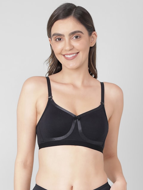 Women's Wirefree Non Padded Super Combed Cotton Elastane Stretch Full  Coverage Everyday Bra with Detachable Straps and Double Layered Cup - Black