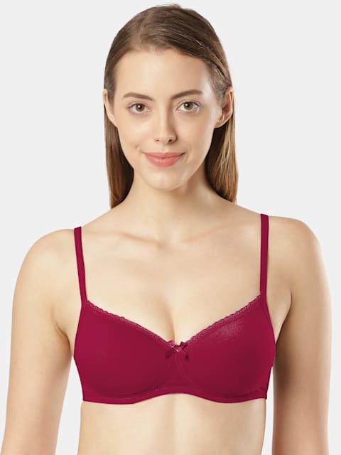 Buy Women's Wirefree Padded Super Combed Cotton Elastane Stretch Medium  Coverage Lace Styling T-Shirt Bra with Adjustable Straps - Beet Red 1723