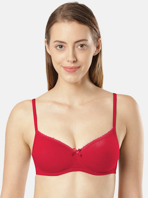 Buy Women's Wirefree Padded Super Combed Cotton Elastane Stretch Medium  Coverage Lace Styling T-Shirt Bra with Adjustable Straps - Sangria red 1723