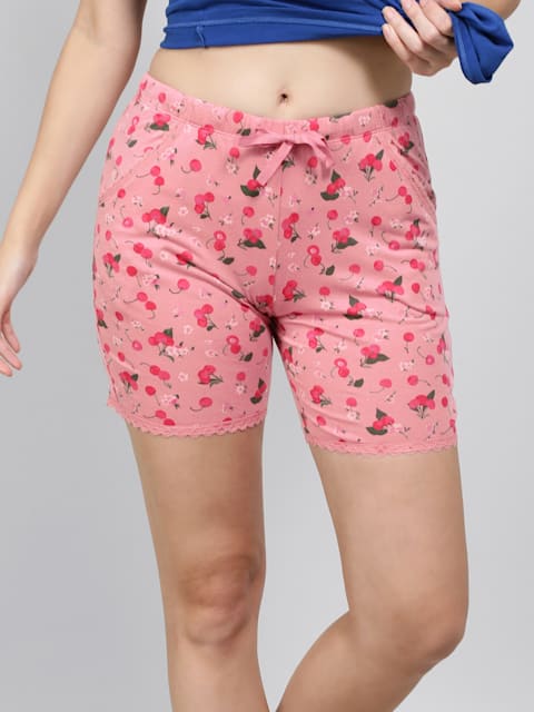 Women's Micro Modal Cotton Relaxed Fit Printed Shorts with Lace Trim Styled  Side Pockets - Wild Rose