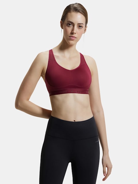 Women's Wirefree Padded Tactel Nylon Elastane Stretch Full Coverage  Optional Cross Back Styling Sports Bra with Stay Dry Treatment - Claret