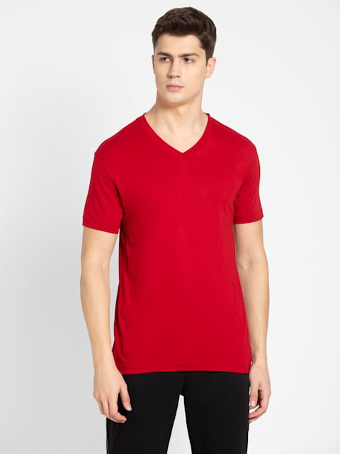 Men's Super Combed Cotton Rich Solid V Neck Half Sleeve T-Shirt - Shanghai  Red