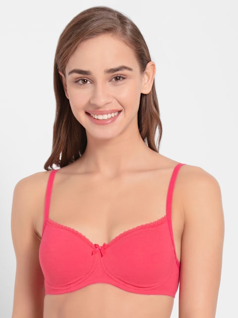 Buy Women's Wirefree Padded Super Combed Cotton Elastane Stretch Medium  Coverage Lace Styling T-Shirt Bra with Adjustable Straps - Ruby 1723