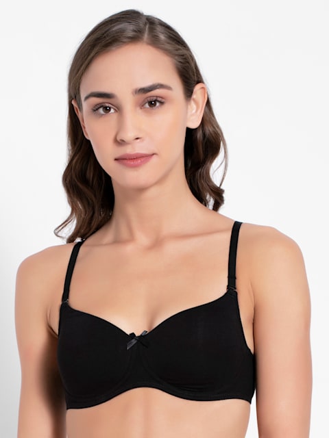 Buy Women's Wirefree Padded Super Combed Cotton Elastane Stretch Medium  Coverage Multiway Styling T-Shirt Bra with Detachable Straps - Black FE23