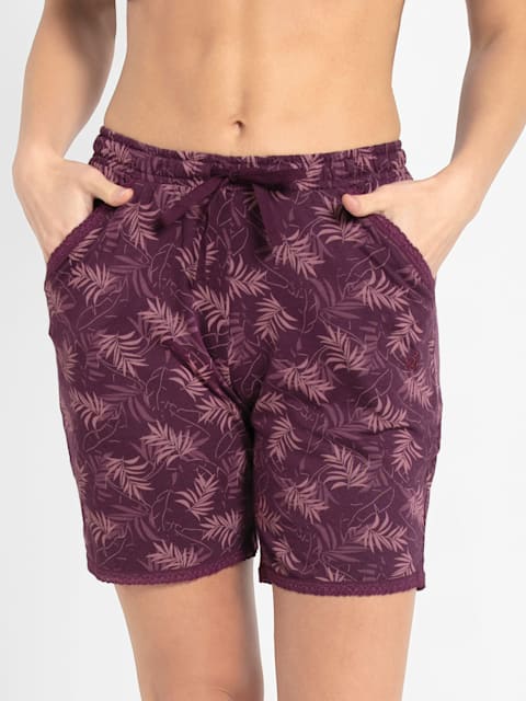 Women's Micro Modal Cotton Relaxed Fit Printed Shorts with Lace Trim Styled  Side Pockets - Purple Wine Assorted Prints