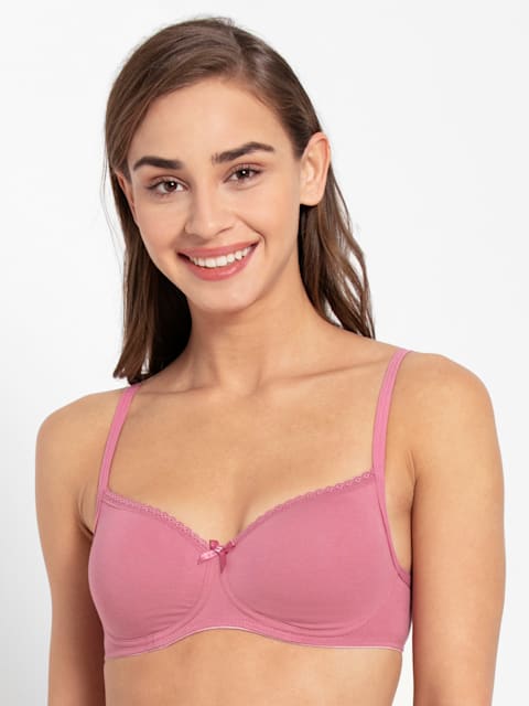 Women's Wirefree Padded Super Combed Cotton Elastane Stretch Medium  Coverage Lace Styling T-Shirt Bra with Adjustable Straps - Heather Rose