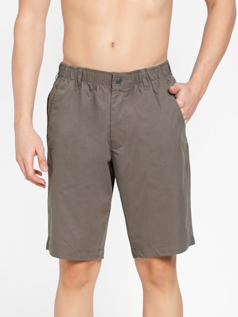 Men's Super Combed Mercerised Cotton Woven Fabric Straight Fit Solid Shorts  with Side Pockets - Dark Khaki