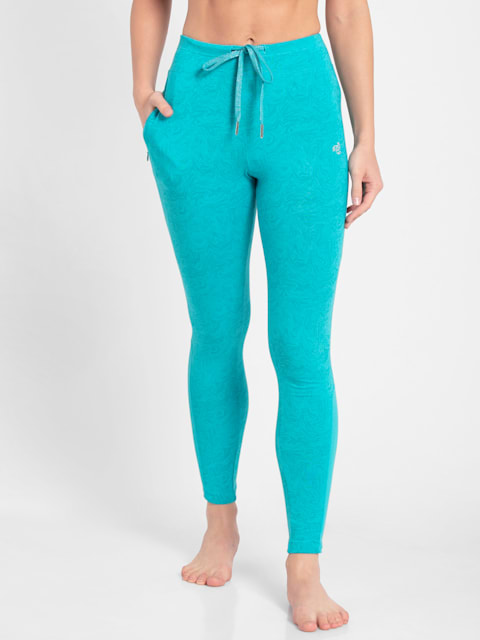 Women's Super Combed Cotton Elastane Stretch Yoga Pants with Side Zipper  Pockets - J Teal Printed