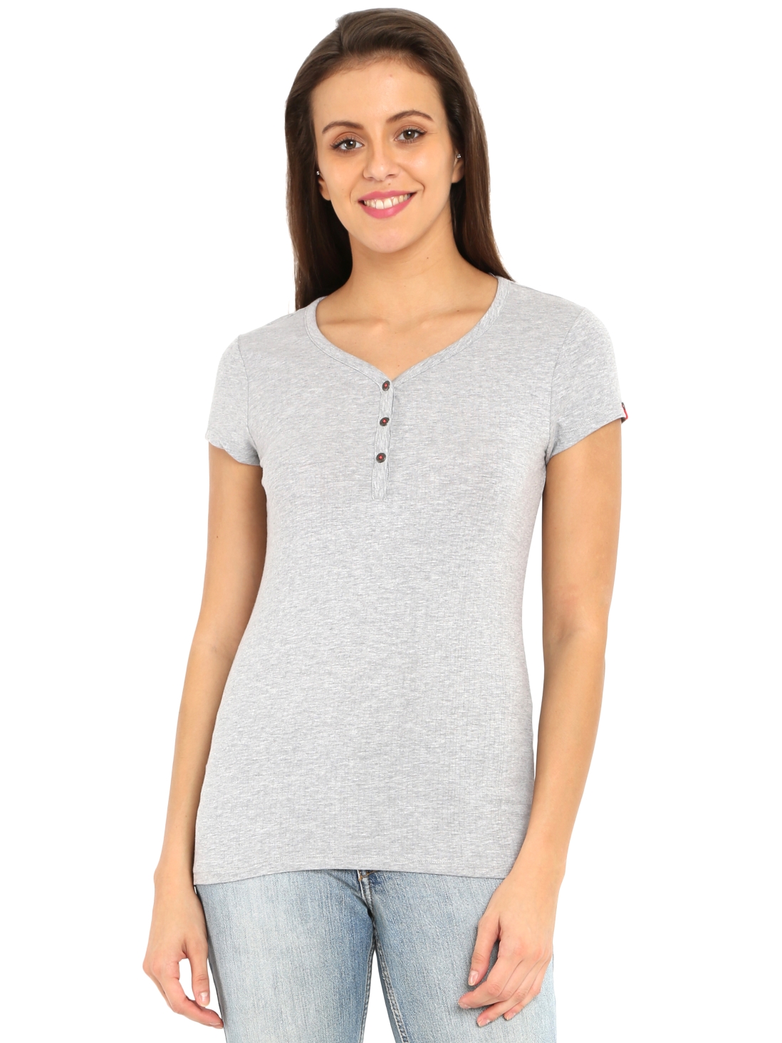 

Jockey Women Light Grey Melange Short Sleeve Slim fit henley -  - UL03