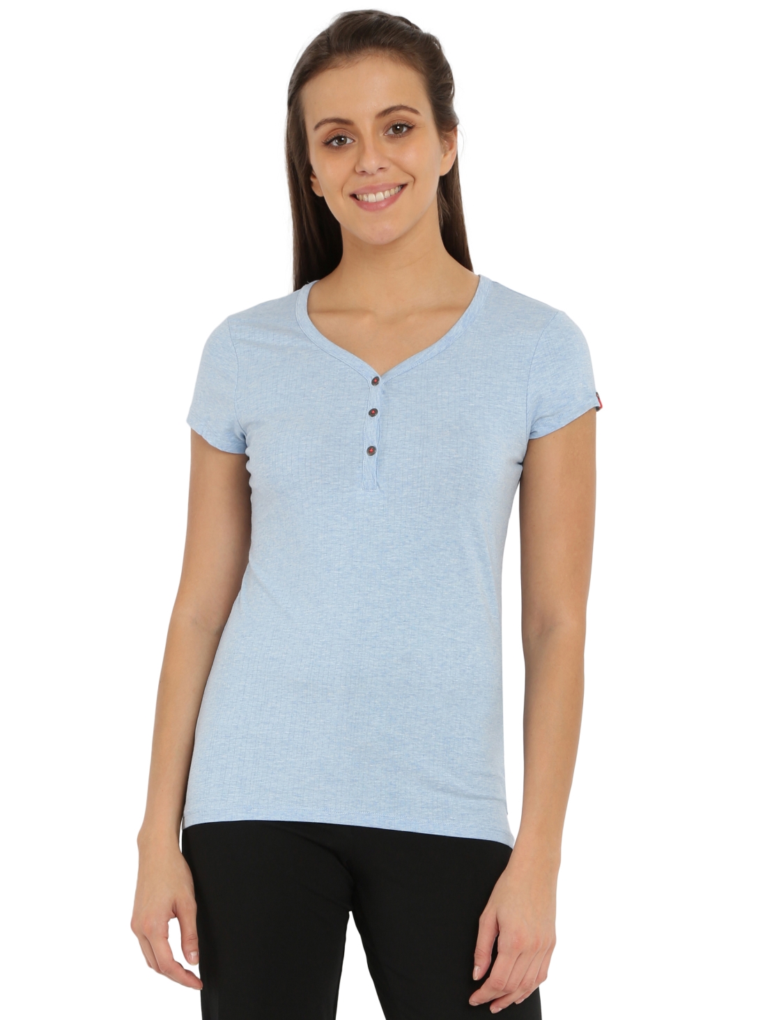 

Jockey Women Sky Blue Melange Short Sleeve Slim fit henley -  - UL03