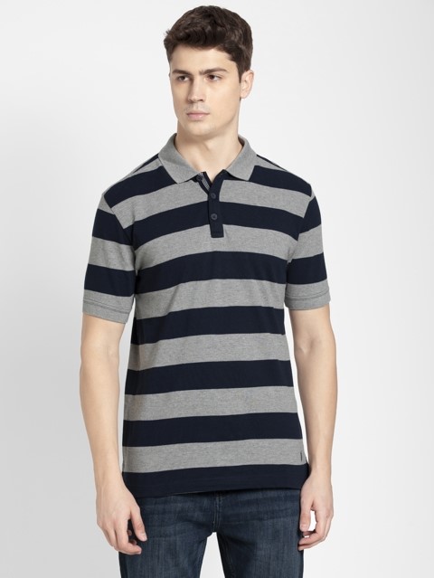 grey and white striped polo shirt