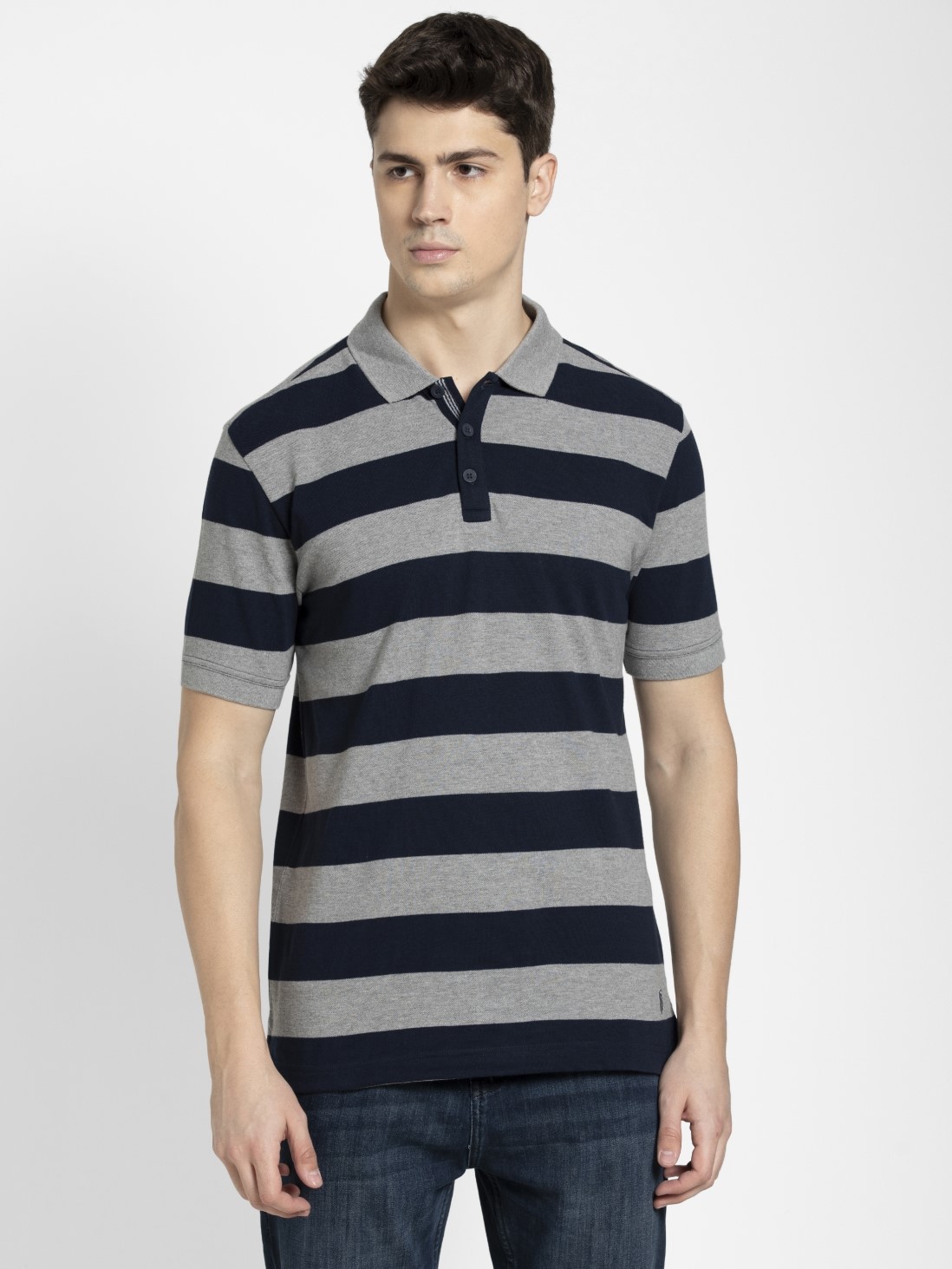 

Jockey Men Grey Melange & Navy Half Sleeve POLO T-Shirt -  - US93