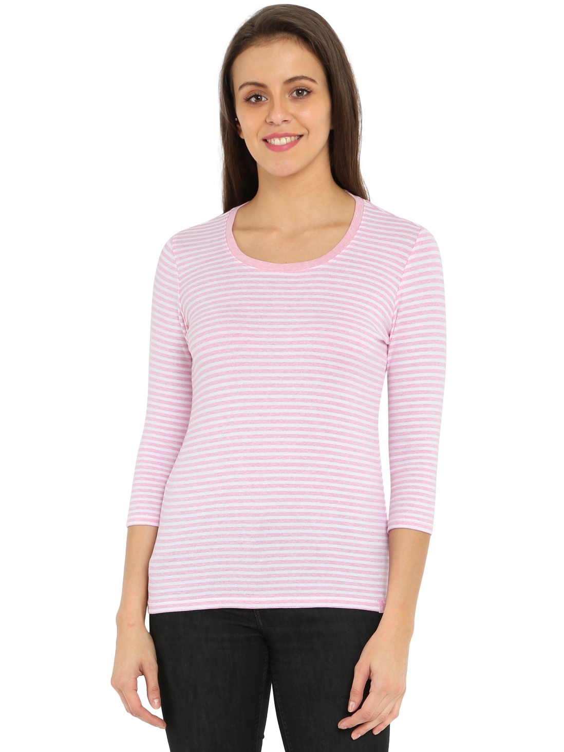 

Jockey Women Pink Lady Melange & White Yarn Dyed Stripe 3/4 Sleeve T-Shirt -  - 1360