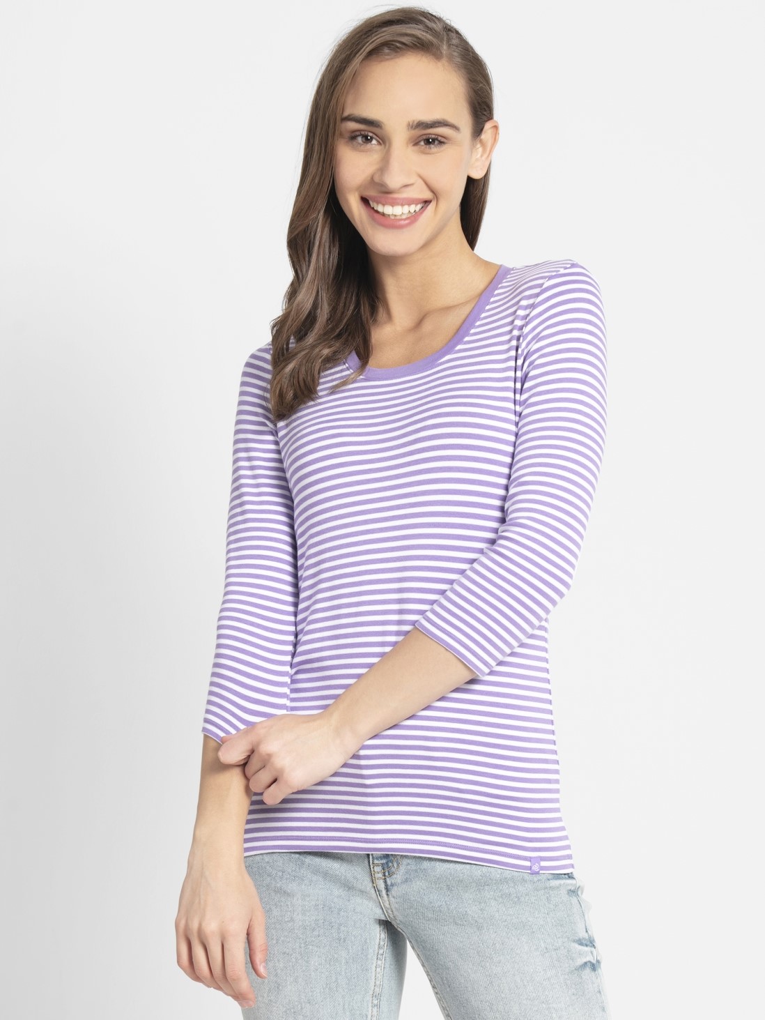

Jockey Women Paisley Purple & White Yarn Dyed Stripe 3/4 Sleeve T-Shirt -  - 1360