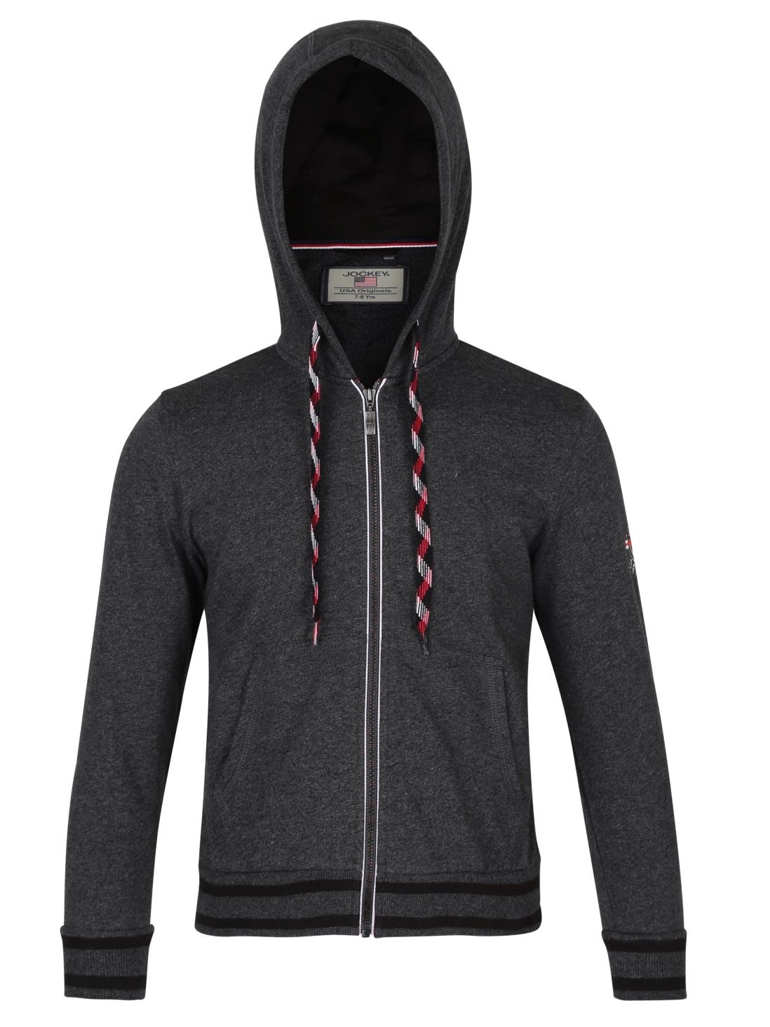 Buy True Black Melange Full Sleeve Hooded Jacket for Boys with Front